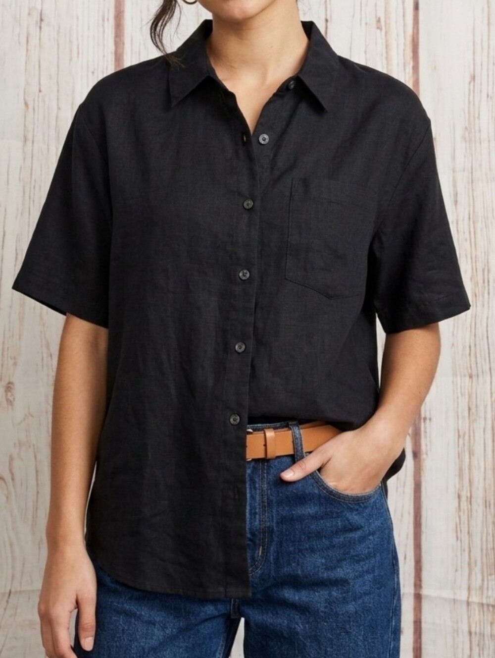 Vintage Great American Comfort Linen Classic Black Short-Sleeve Button-Up Shirt